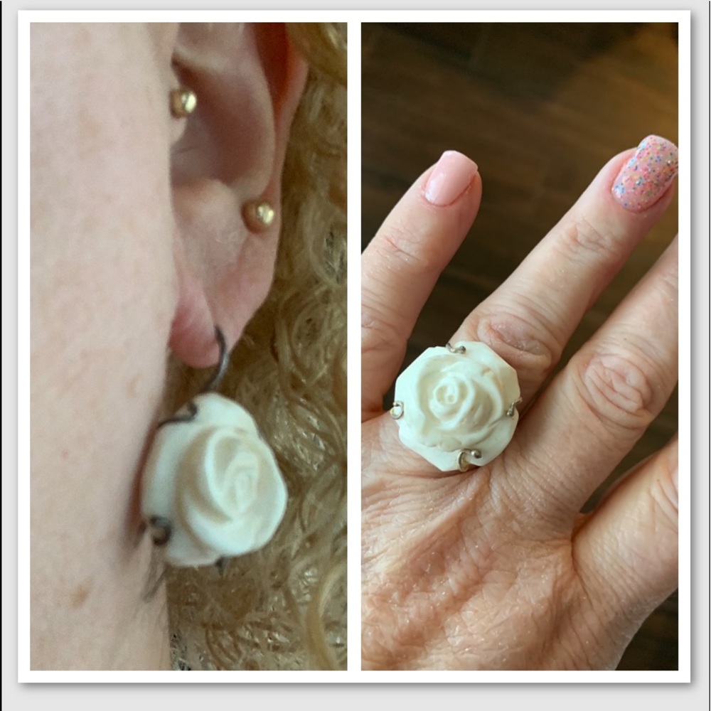 Hand carved shell flower earrings & ring set